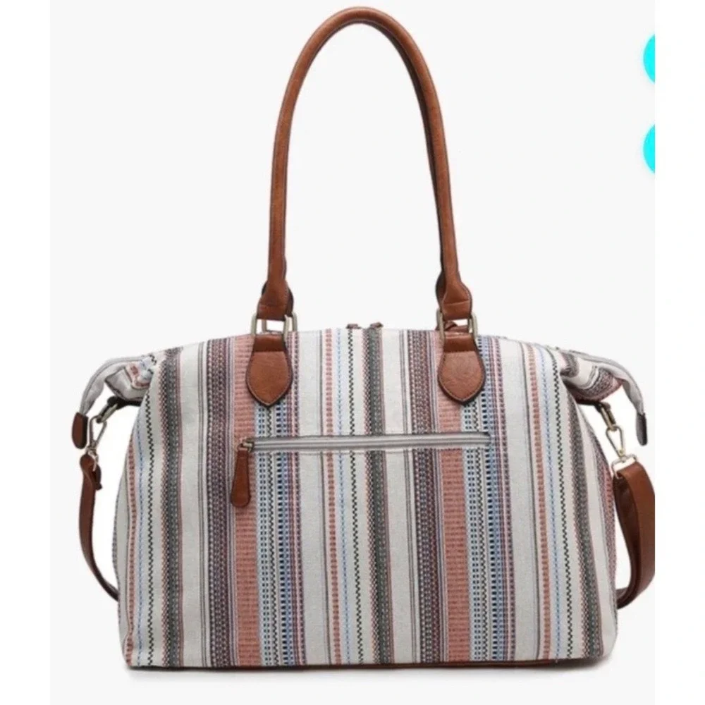 Jen & Co River Weekender Womens Large Striped Canvas Vegan Leather Tassel Boho